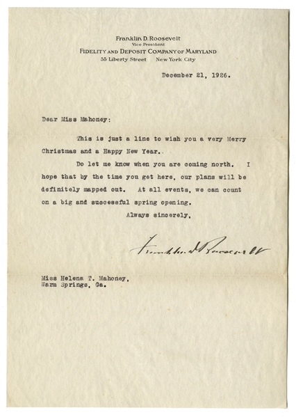Franklin D. Roosevelt Letter Signed From 1926, With Full ''Franklin D. Roosevelt'' Signature -- FDR Writes of the Warm Springs Institute, ''...we can count on a big and successful spring opening...''